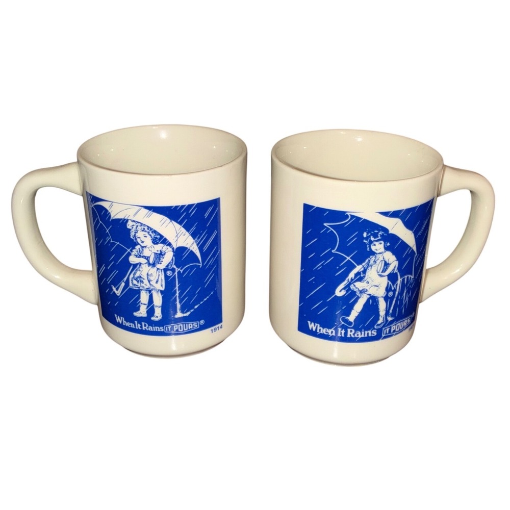 Vintage Morton Salt Coffee Mug Set 2 When It Rains It Pours Blue White 1914 1921